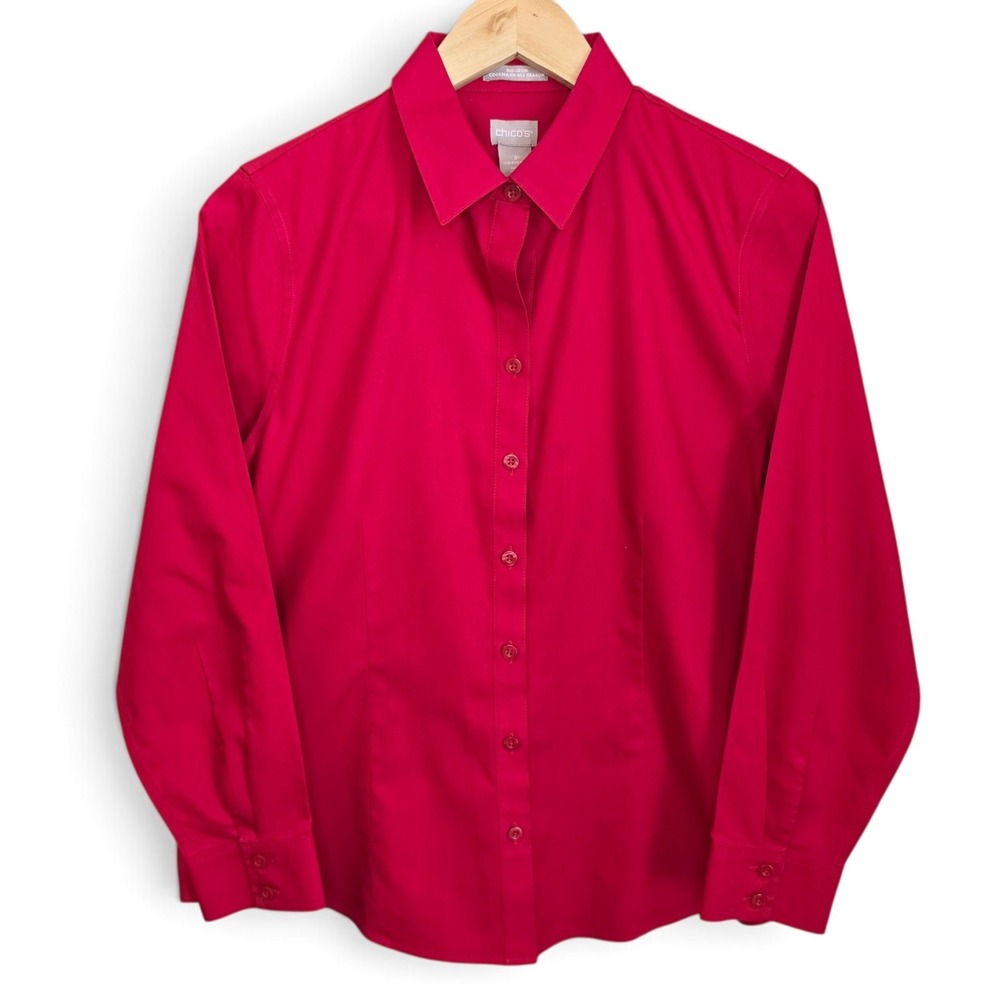 Chicos Womens Top Size 1P Petite Medium Red Button No Iron Coolmax All Season